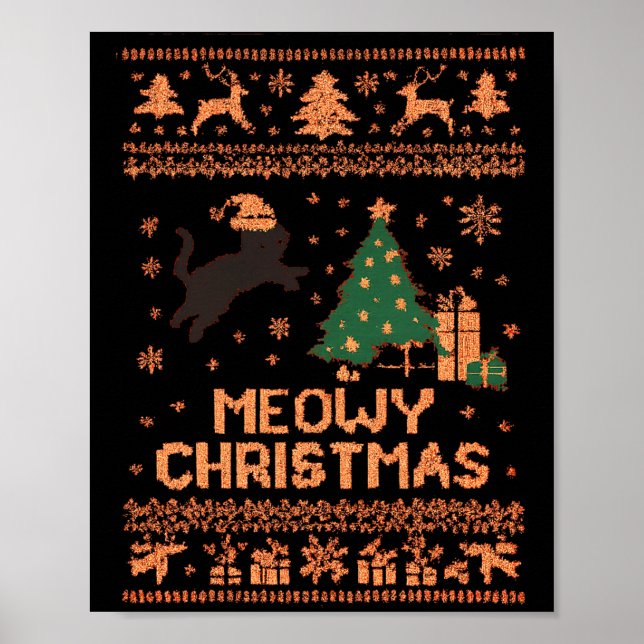 Póster Meowy Christmas Xmas Tree Cat Ugly Sweater Pajamas (Frente)