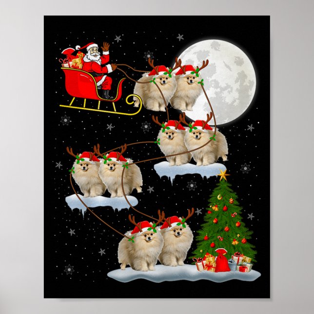 Póster Meranian Dog Santa Sleigh Flying Funny Magical Chr (Frente)