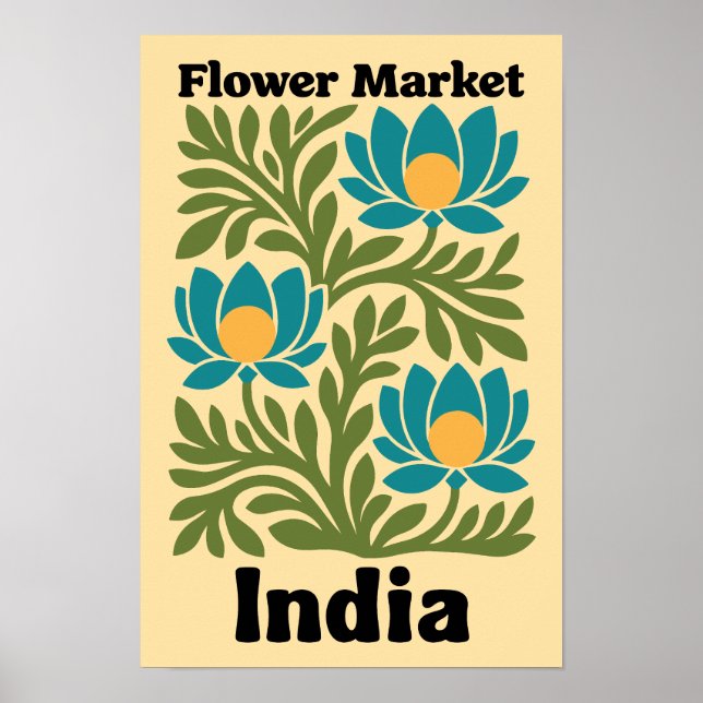 Póster Mercado de Flores de la India Loto Teal y Hoja Bot (Frente)