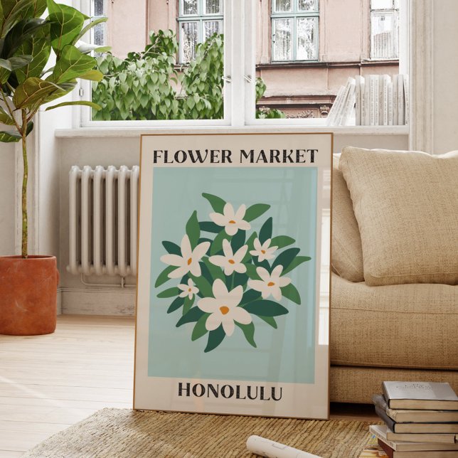 Póster Mercado de Flores Honolulu Floral Jazmín Blanco (In situ Living room)