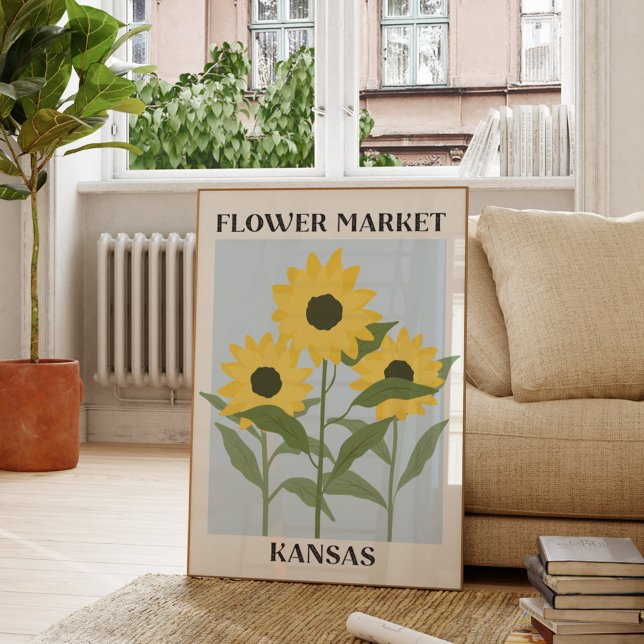 Póster Mercado de Flores Kansas Amarillo Girasol Floral (In situ Living room)