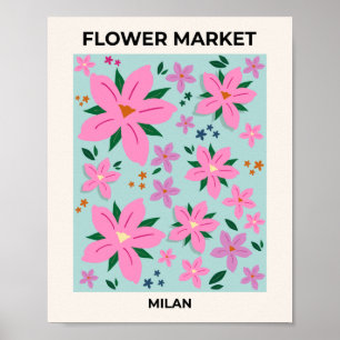 Póster Mercado De Flores Milán Flores Rosa Y Turquesa