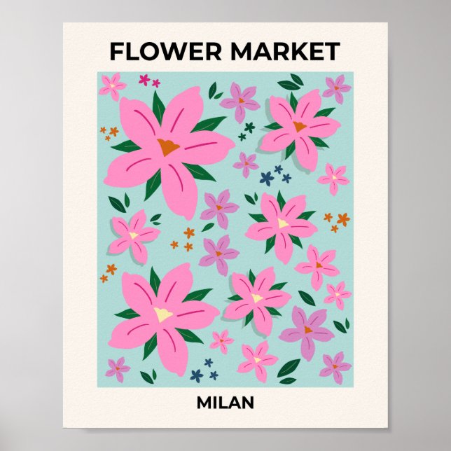 Póster Mercado De Flores Milán Flores Rosa Y Turquesa (Frente)