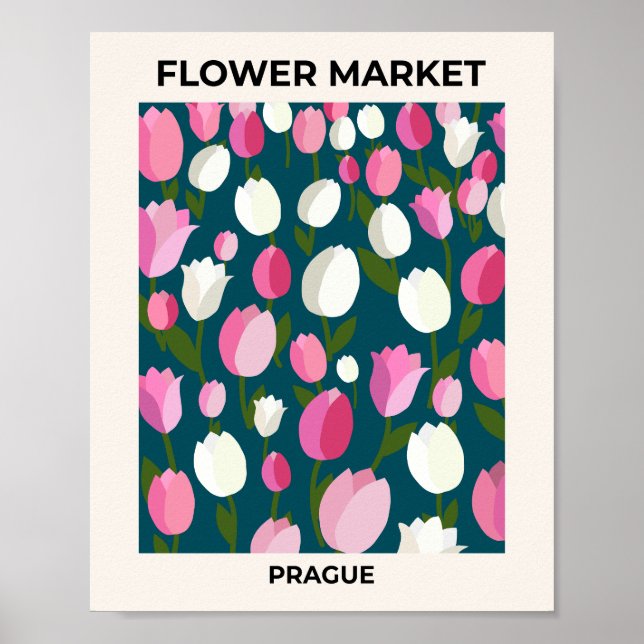 Póster Mercado De Flores Praga Tulips Naval Azul Y Rosa (Frente)