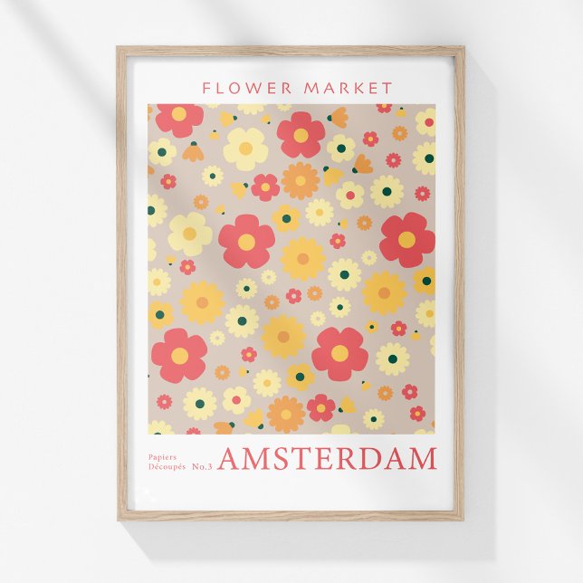 Póster Mercado de flores retro Amsterdam Flores rojas ama (Retro Flower Market Amsterdam Red Yellow Flowers Poster in a wooden frame on a sunny white wall.)