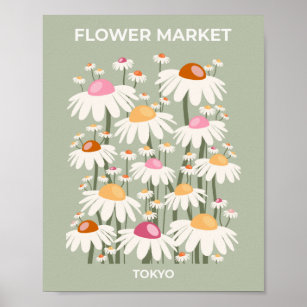 Póster Mercado de flores Tokio Retro Daisies Sage Green
