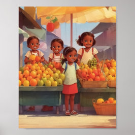 Póster Mercado de frutas del Caribe con niños