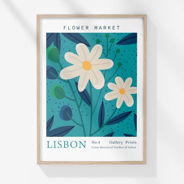 Póster Mercado de las flores retro Lisboa Flores abstract (Retro Flower Market Lisbon Abstract Flowers Poster in a wooden frame on a sunny wall.)