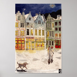 Póster Mercado de navidades Bélgica acuarela de inspiraci