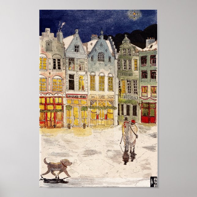 Póster Mercado de navidades Bélgica acuarela de inspiraci (Frente)