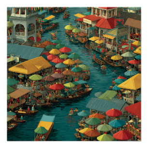 Póster Mercado flotante en el agua vintage Bangkok Tailan