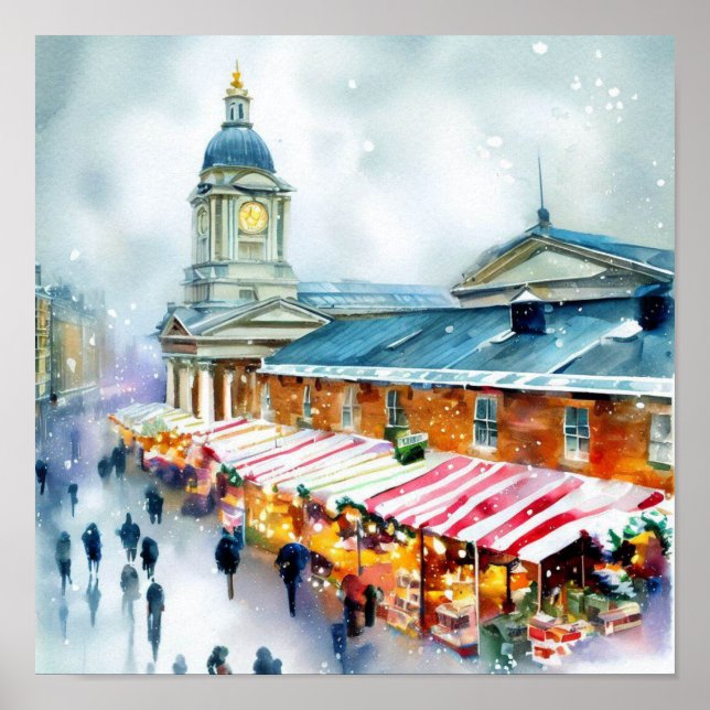 Póster Mercado Londres-Greenwich en la Nieve (A), acuarel (Frente)