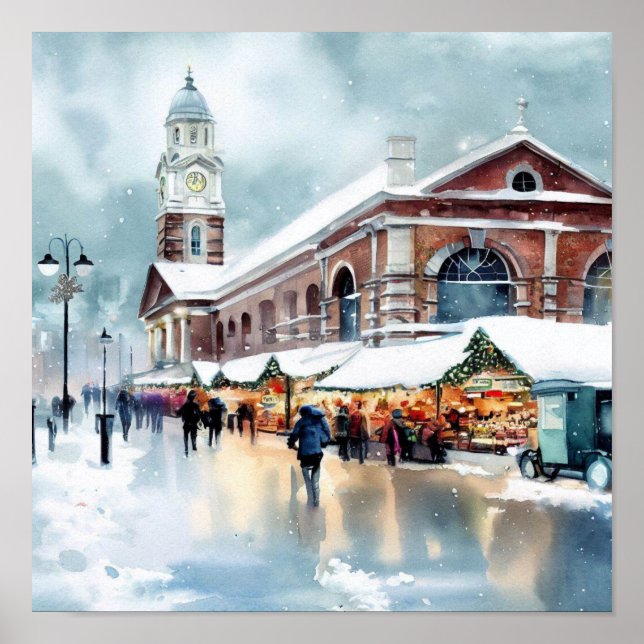 Póster Mercado Londres-Greenwich en la Nieve (B), acuarel (Frente)