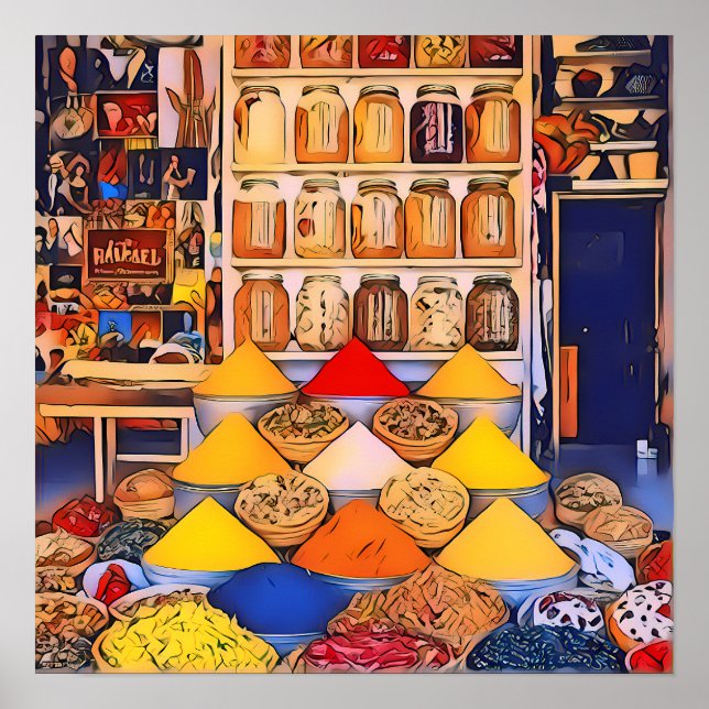 Póster Mercado marroquí de especias, cocina vibrante y ex (Frente)