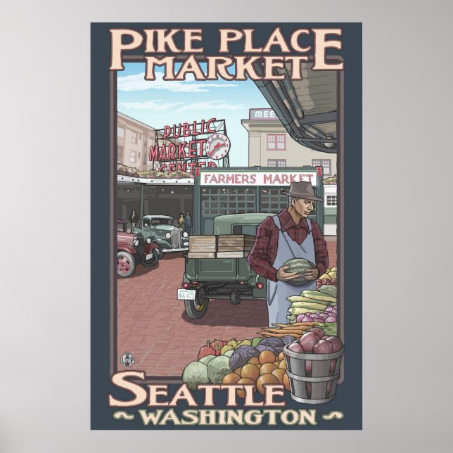Póster Mercado Pike Place - Seattle, afiche de viajes WA (Frente)