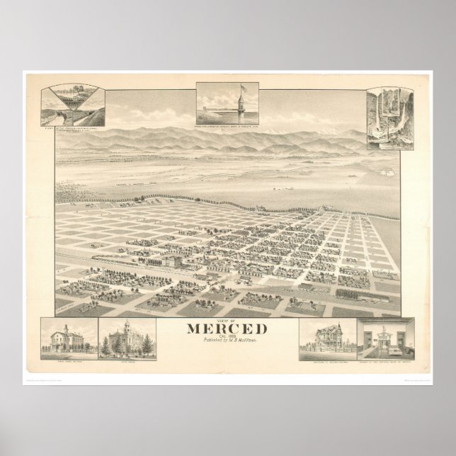 Póster Merced, California. Mapa panorámico 1888 (1062A) (Frente)