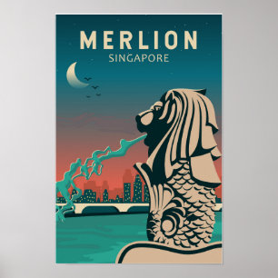 Póster Merlion Singapore Travel Vintage Art