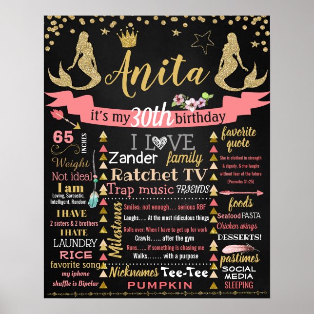 Póster Mermaid 30th adult cake smash chalkboard sign (Frente)