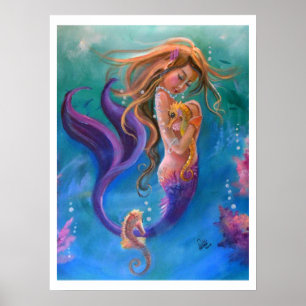 Póster Mermaid and Seahorses, Colorful