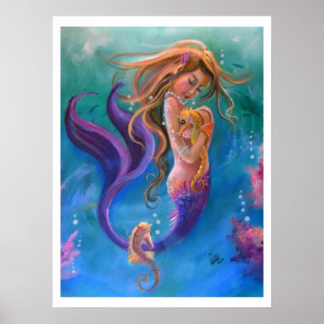 Póster Mermaid and Seahorses, Colorful (Frente)