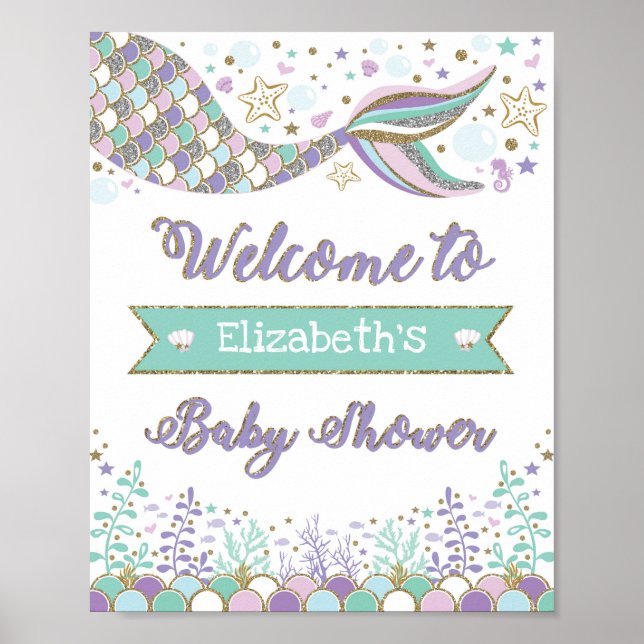 Póster Mermaid Baby Shower Welcome Sign Beach Sea Poster (Frente)