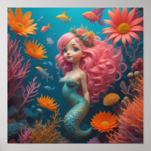 Póster Mermaid Cute Rosa