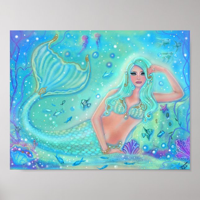 Póster Mermaid Eira con peces tropicales de Renee Lavoie (Frente)