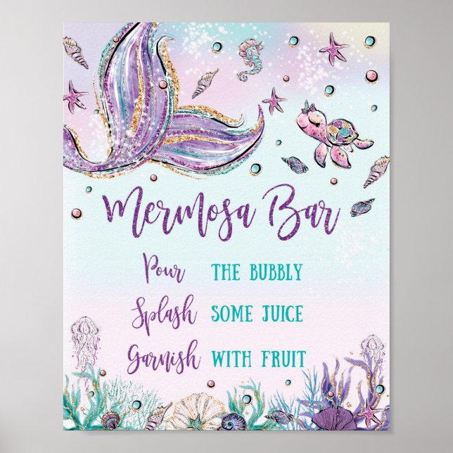 Póster Mermaid Mermosa Bar Baby Bridal Shower Fiesta (Frente)