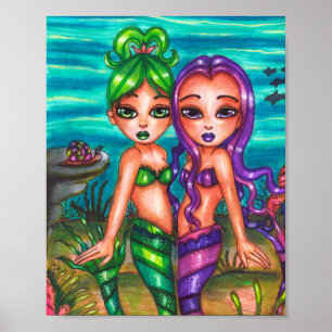 Póster Mermaid Twin Sisters Fantasy cuento de hadas origi