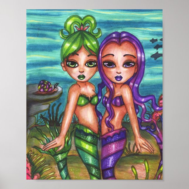 Póster Mermaid Twin Sisters Fantasy cuento de hadas origi (Frente)