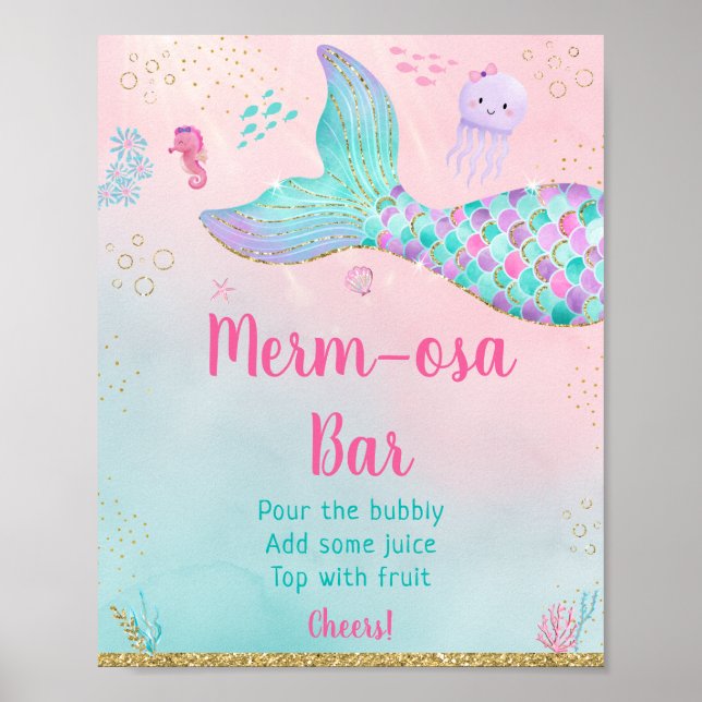 Póster Mermaid Under Sea Gold Baby Shower Mimosa Bar (Frente)