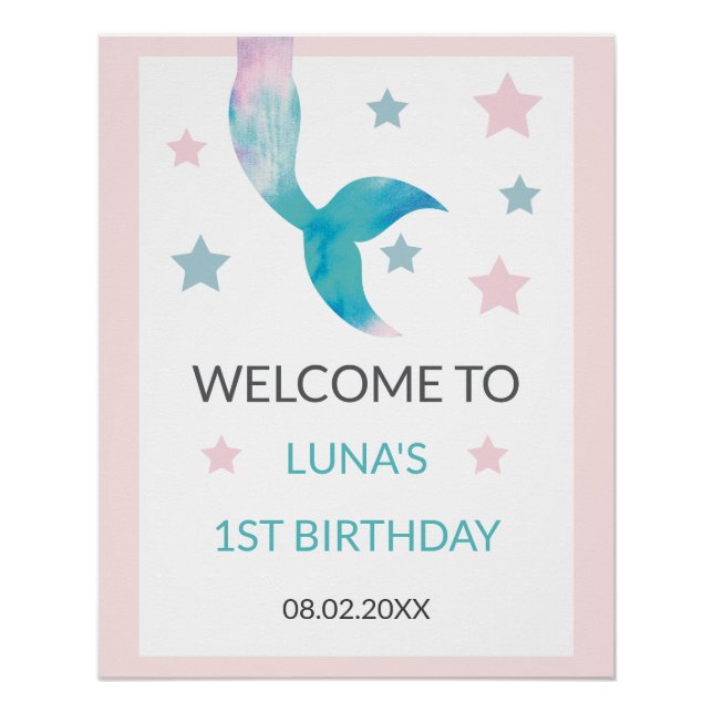 Póster Mermaid Under the Sea Pastel Girl Welcome Birthday (Anverso)