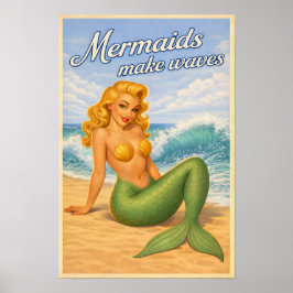 Póster Mermaids Make Waves Retro Pin-Up Coastal Beach Art