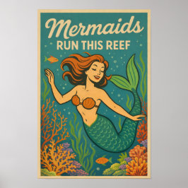 Póster Mermaids Run This Reef Funny Retro Coral Fish Art