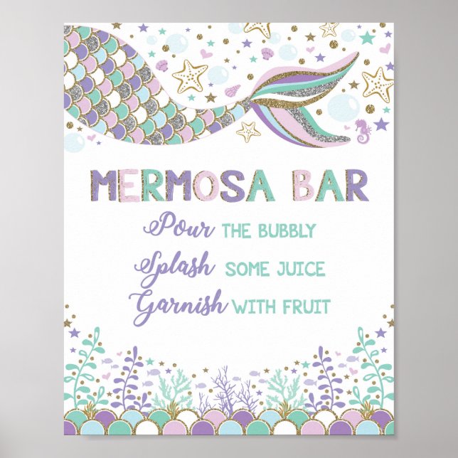 Póster Mermosa Bar Mermaid Mimosa Bar Rótulo Baby Shower (Frente)