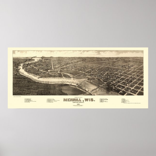 Póster Merrill, WI Mapa Panorámico - 1883 (Frente)