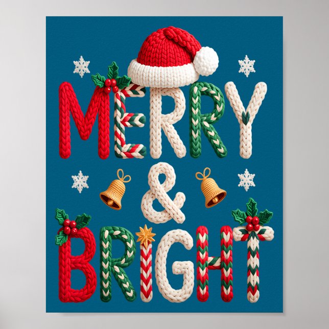 Póster Merry &amp; Bright Christmas Santa Hat Crochet Kni (Frente)