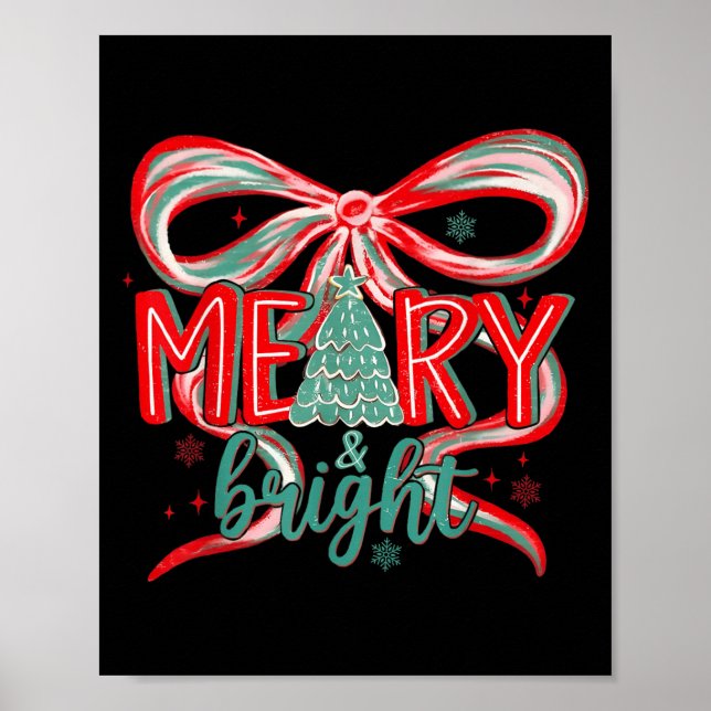Póster Merry &amp; Bright Tree Coquette Bow Retro Holiday (Frente)