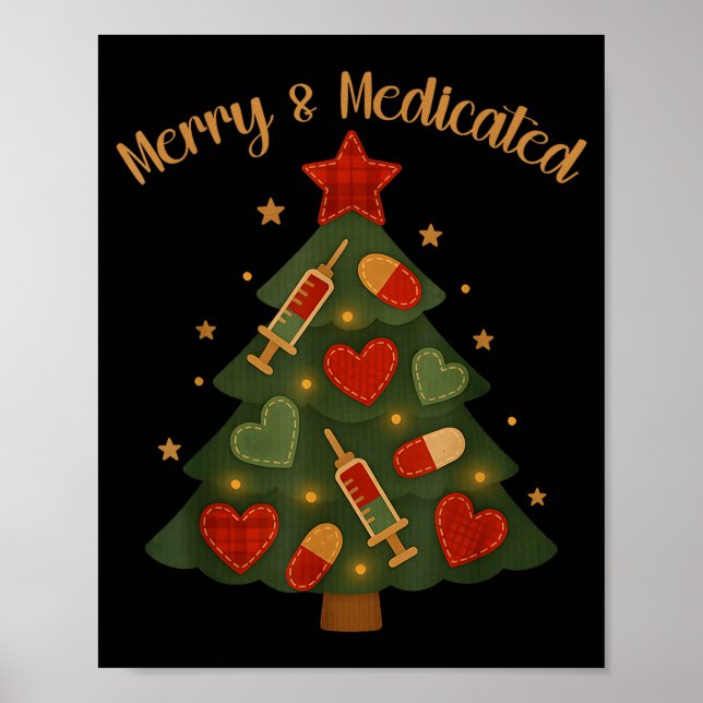 Póster Merry And Medicated Rn Nurse Christmas Tree Funny  (Frente)