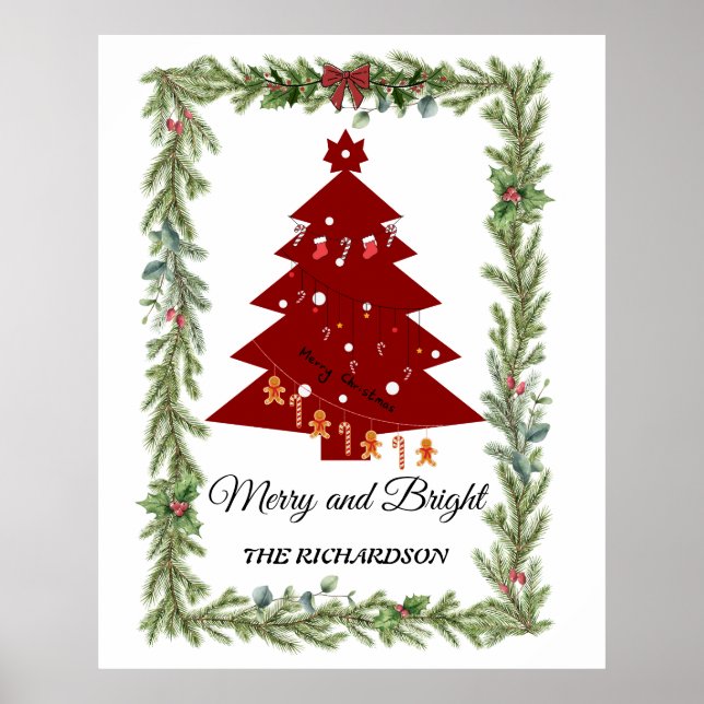 Póster Merry & Bright Modern Red Christmas Tree & Script (Frente)