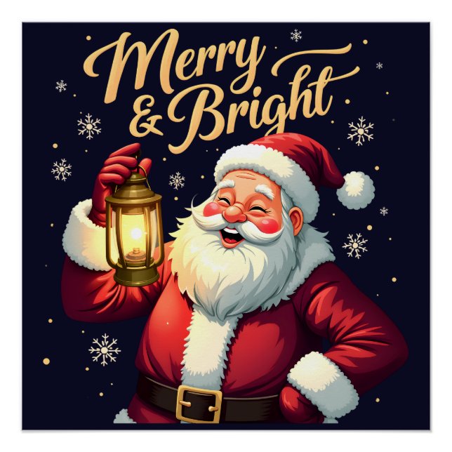 Póster Merry Bright Santa Holding Lantern Illustration (Anverso)