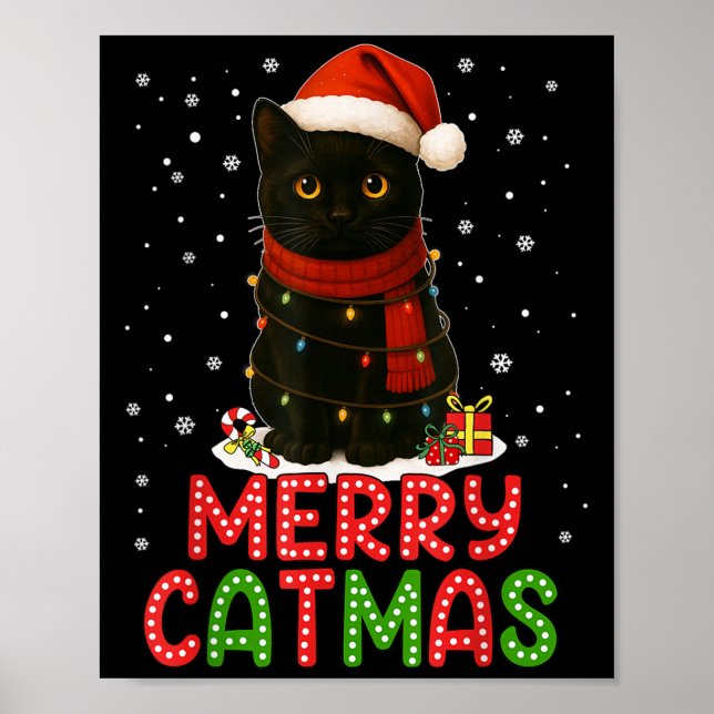 Póster Merry Catmas Santa Hat Funny Black Cat Christmas W (Frente)
