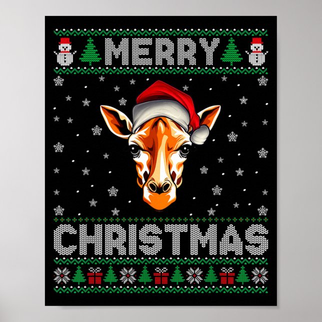 Póster Merry Christmas 2025 Giraffe Santa Hat Ugly Xmas  (Frente)