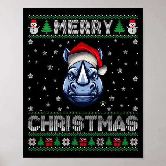 Póster Merry Christmas 2025 Rhino Santa Hat Ugly Xmas Lon (Frente)