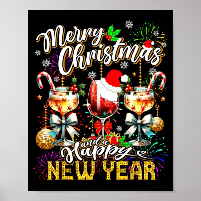 Póster Merry Christmas And A Happy New Year Wine Gles Fir (Frente)