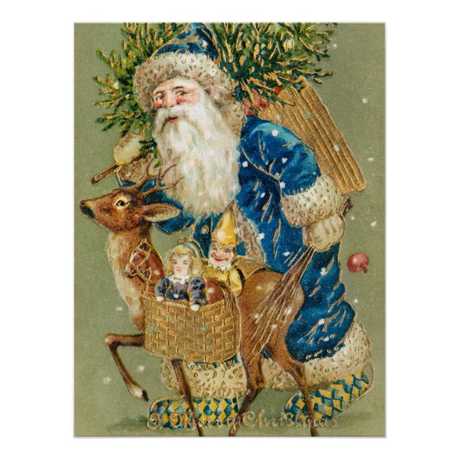 Póster Merry Christmas, Antique Card, Santa and Reindeer (Anverso)