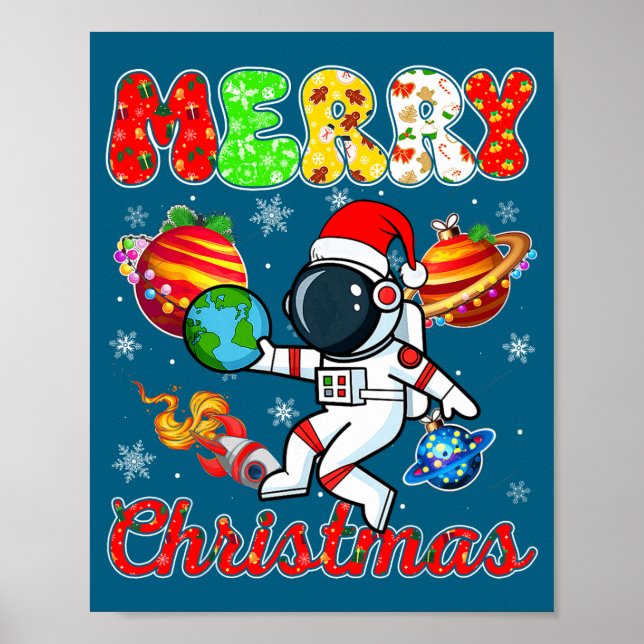 Póster Merry Christmas Astronaut Santa Hat Snowflakes Tre (Frente)