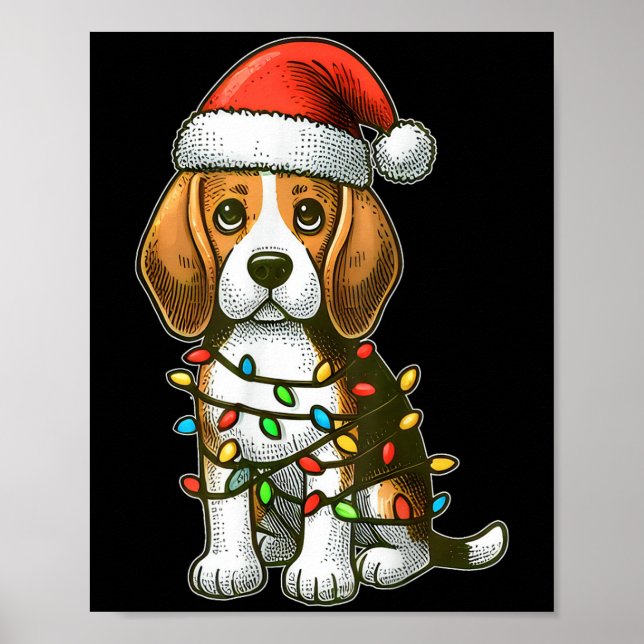 Póster Merry Christmas Beagle Santa Christmas Lights Dog  (Frente)