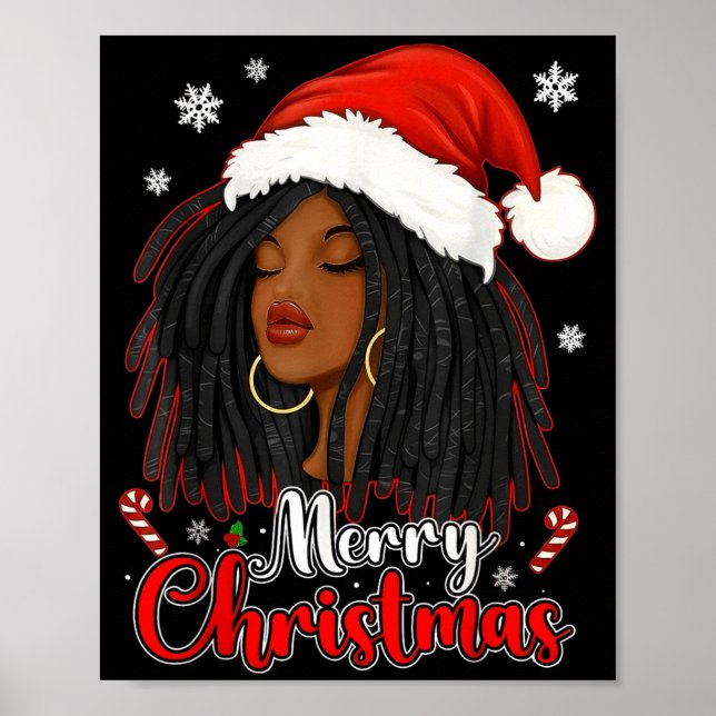 Póster Merry Christmas Black African Girl Santa Hat Xmas  (Frente)