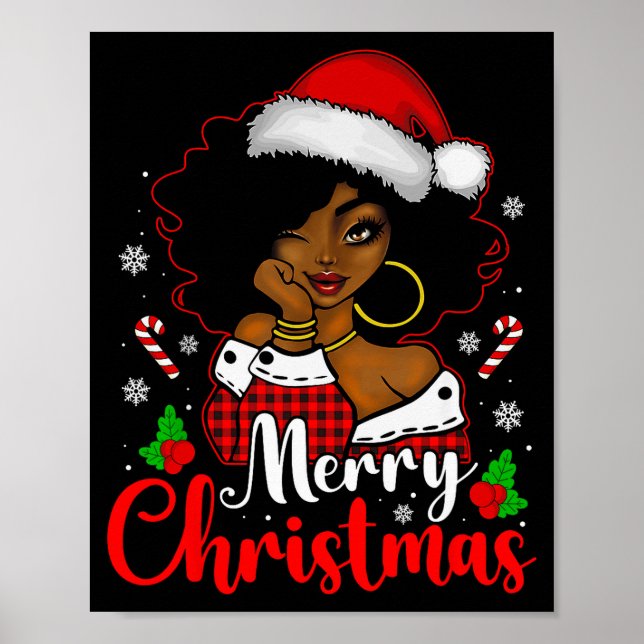 Póster Merry Christmas Black African Girl Santa Hat Xmas  (Frente)